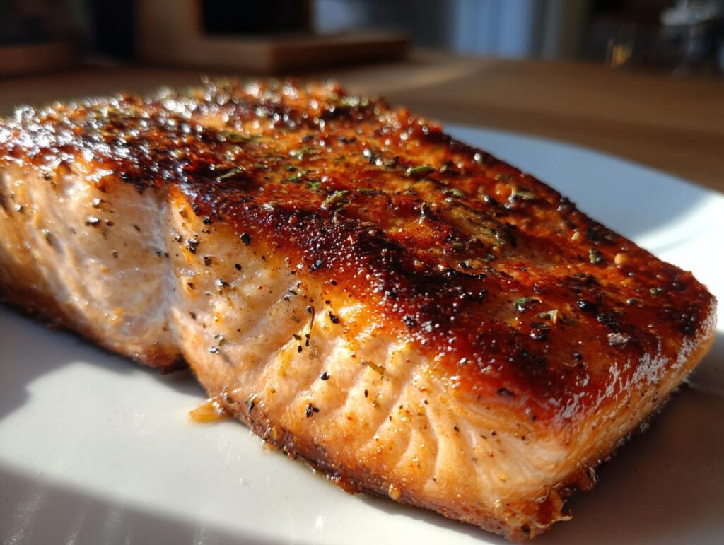 Filete de salmón a la plancha con costra dorada y especias sobre plato blanco.