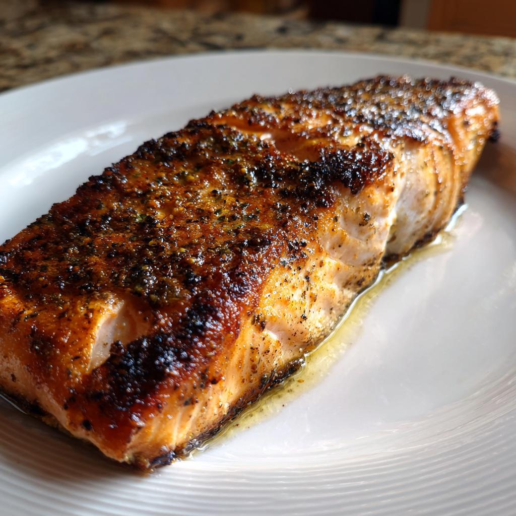 Filete de salmón a la plancha dorado y jugoso servido en plato blanco