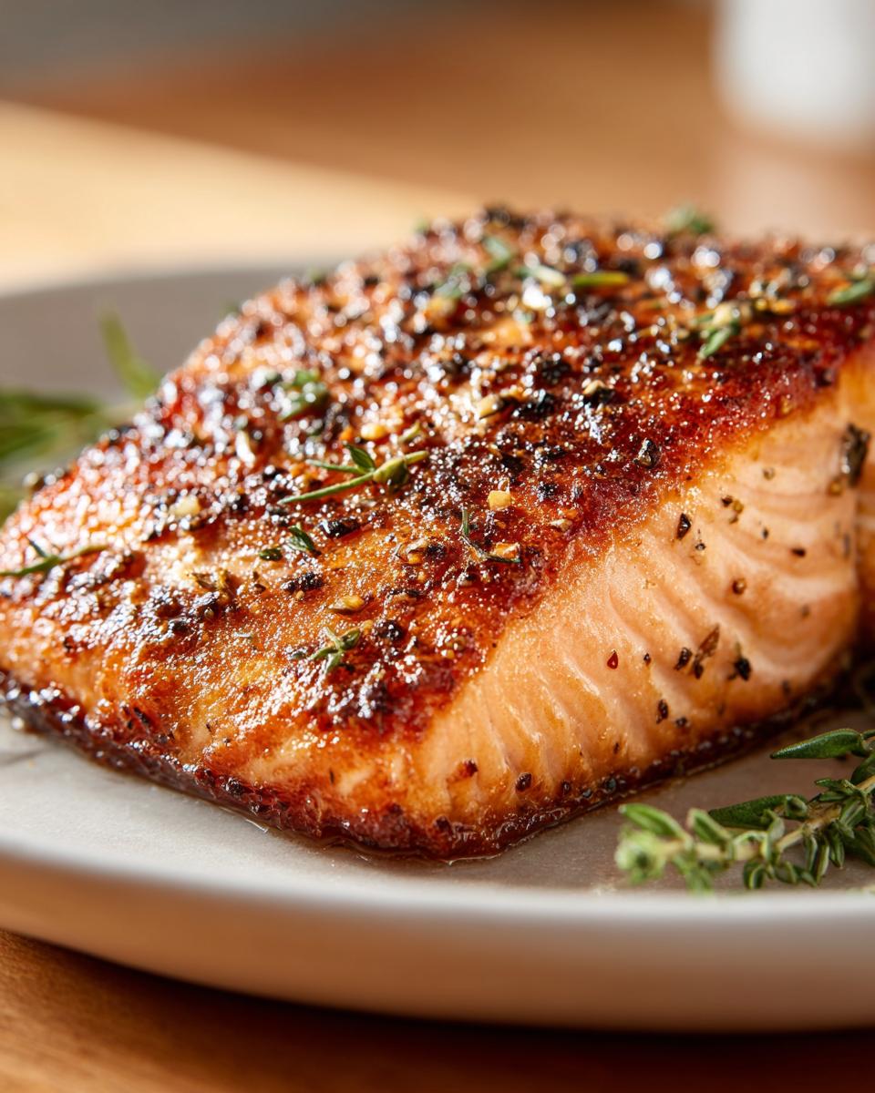 Filete de salmón a la plancha dorado con especias y ramitas de hierbas frescas en plato blanco.
