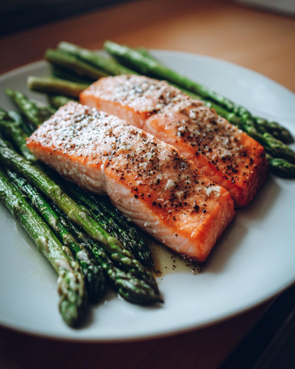 Dos filetes de salmón al horno con espárragos verdes en un plato blanco.