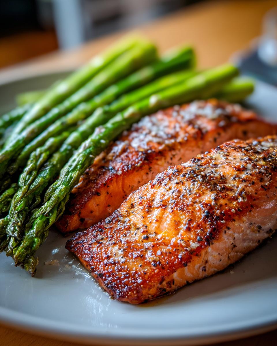 Plato con salmón al horno con espárragos verdes frescos y sazonados