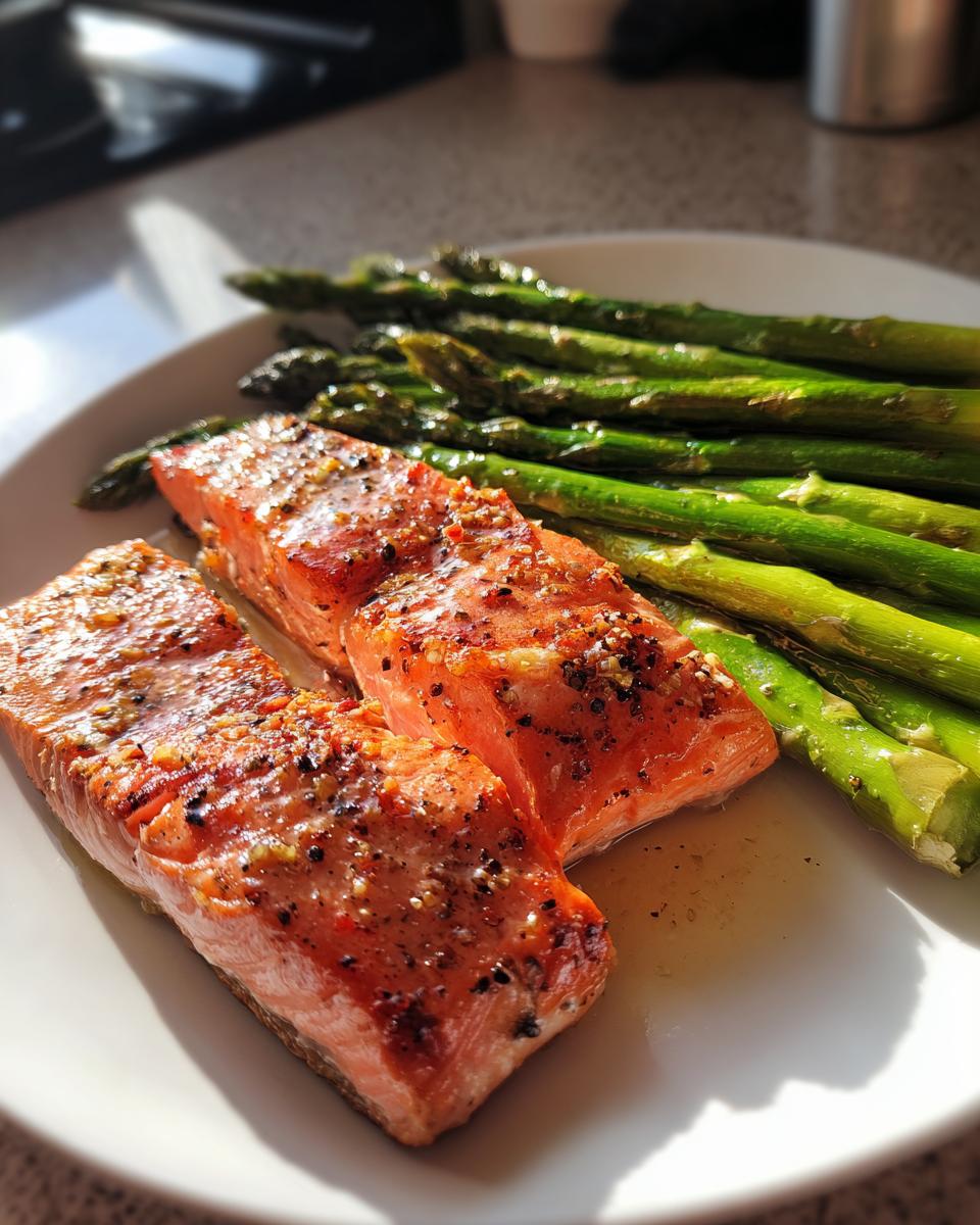 Porción de salmón al horno con espárragos verdes en un plato blanco