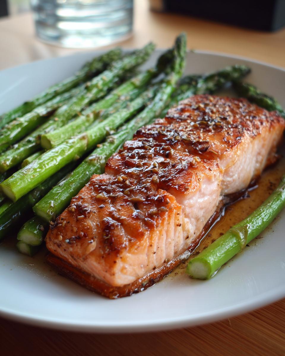 Filete de salmón al horno con espárragos verdes en un plato blanco.