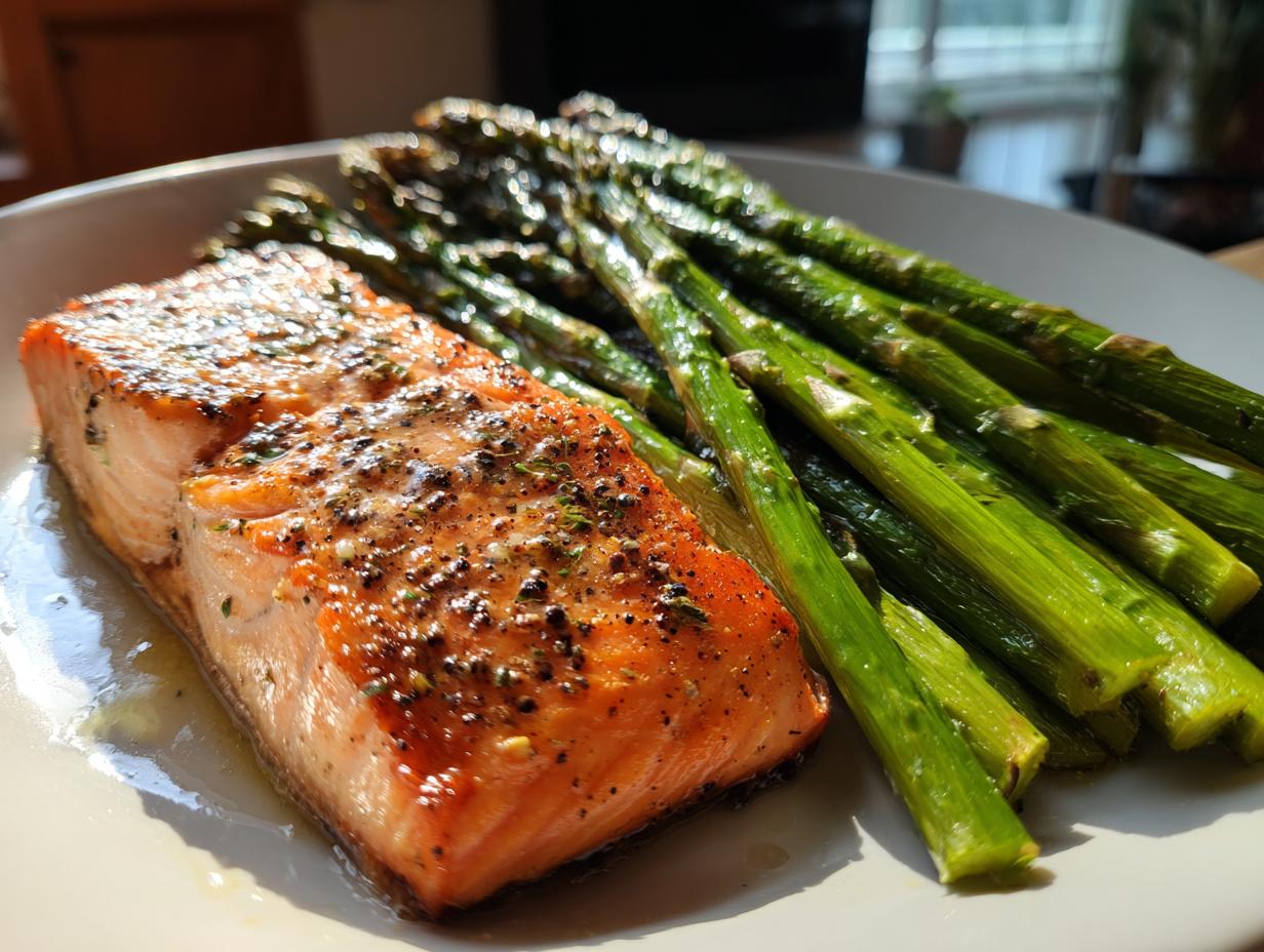 Filete de salmón al horno con espárragos verdes frescos en un plato blanco