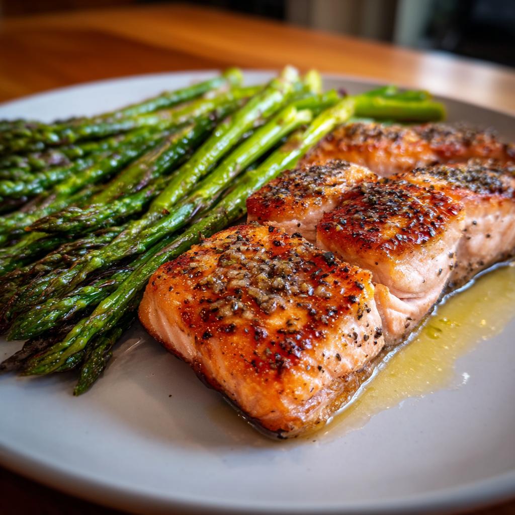Filetes de salmón al horno con espárragos verdes en un plato blanco