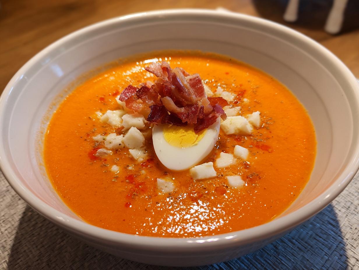 Tazón de salmorejo cordobés tradicional con huevo duro, jamón y queso picado.