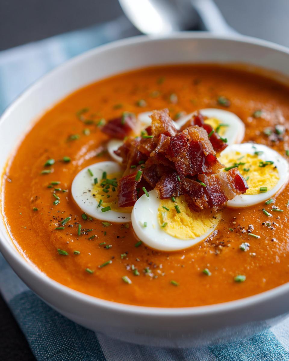 Tazón de salmorejo cordobés tradicional decorado con rodajas de huevo duro y trozos de jamón.