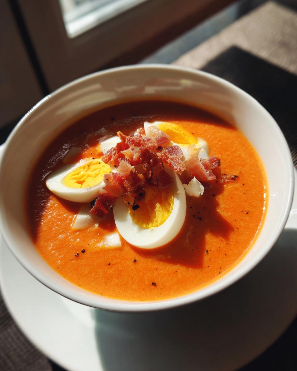 Tazón de salmorejo cordobés tradicional con huevo duro y trozos de jamón encima