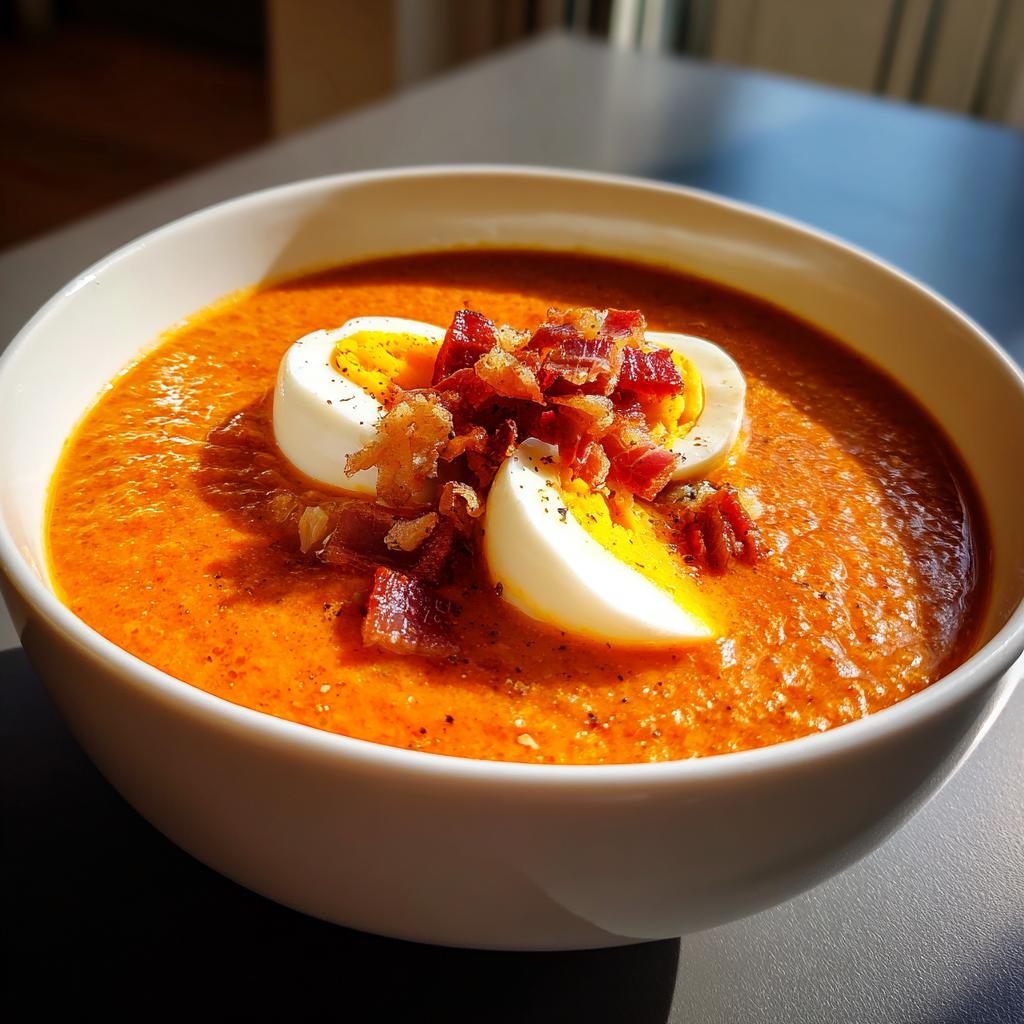 Tazón de salmorejo cordobés tradicional con huevo duro y trozos de jamón.