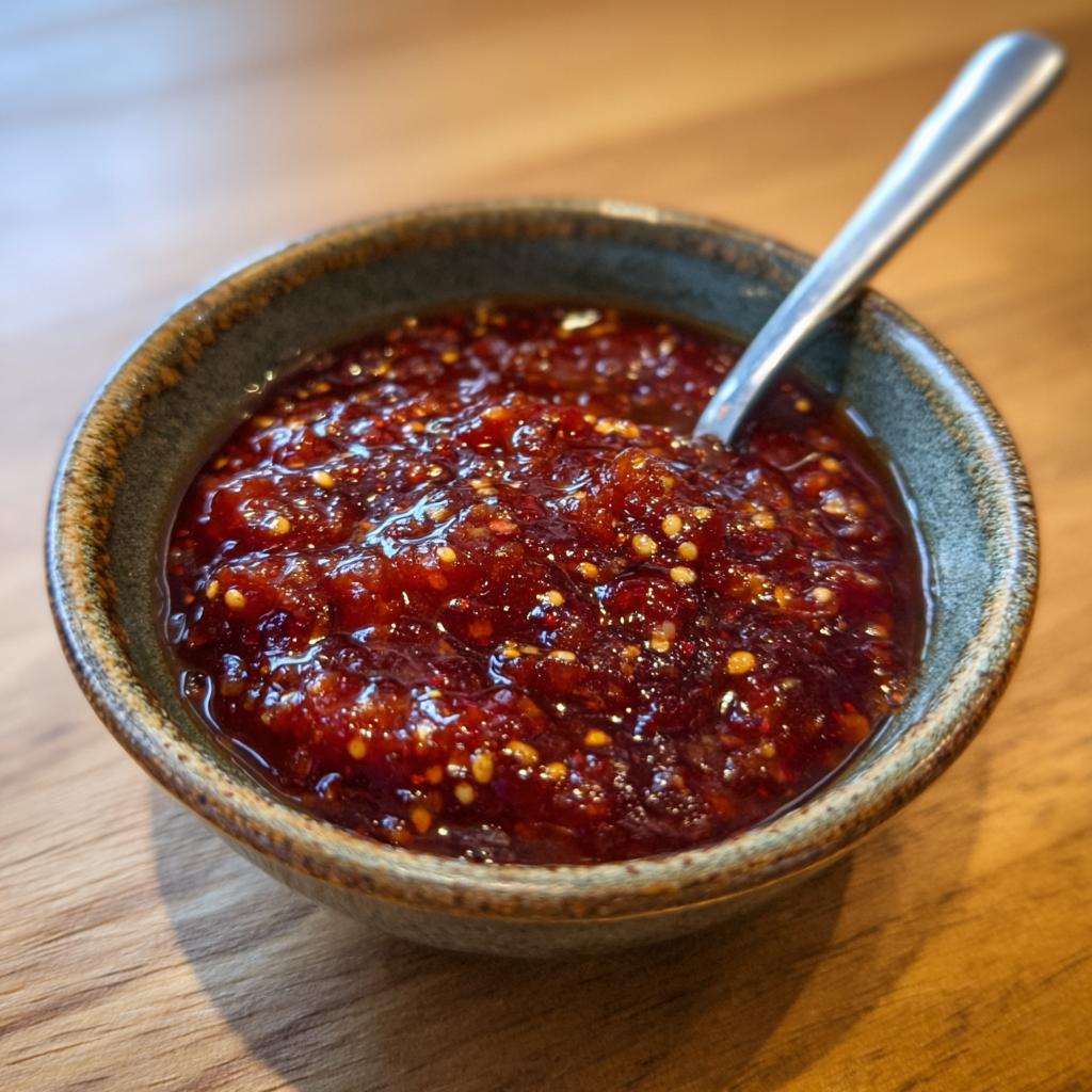 Bol de salsa roja mexicana casera con textura espesa y semillas visibles