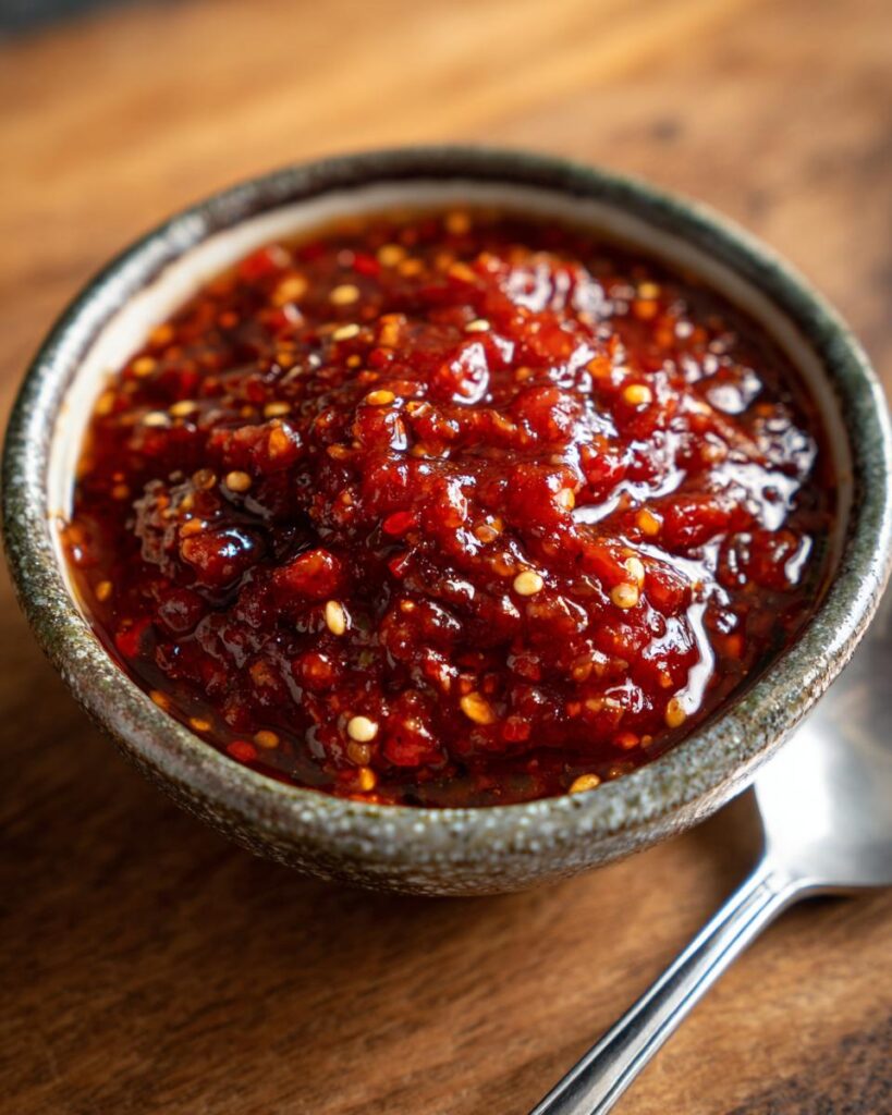 Tazón con salsa roja mexicana casera con textura gruesa y semillas visibles