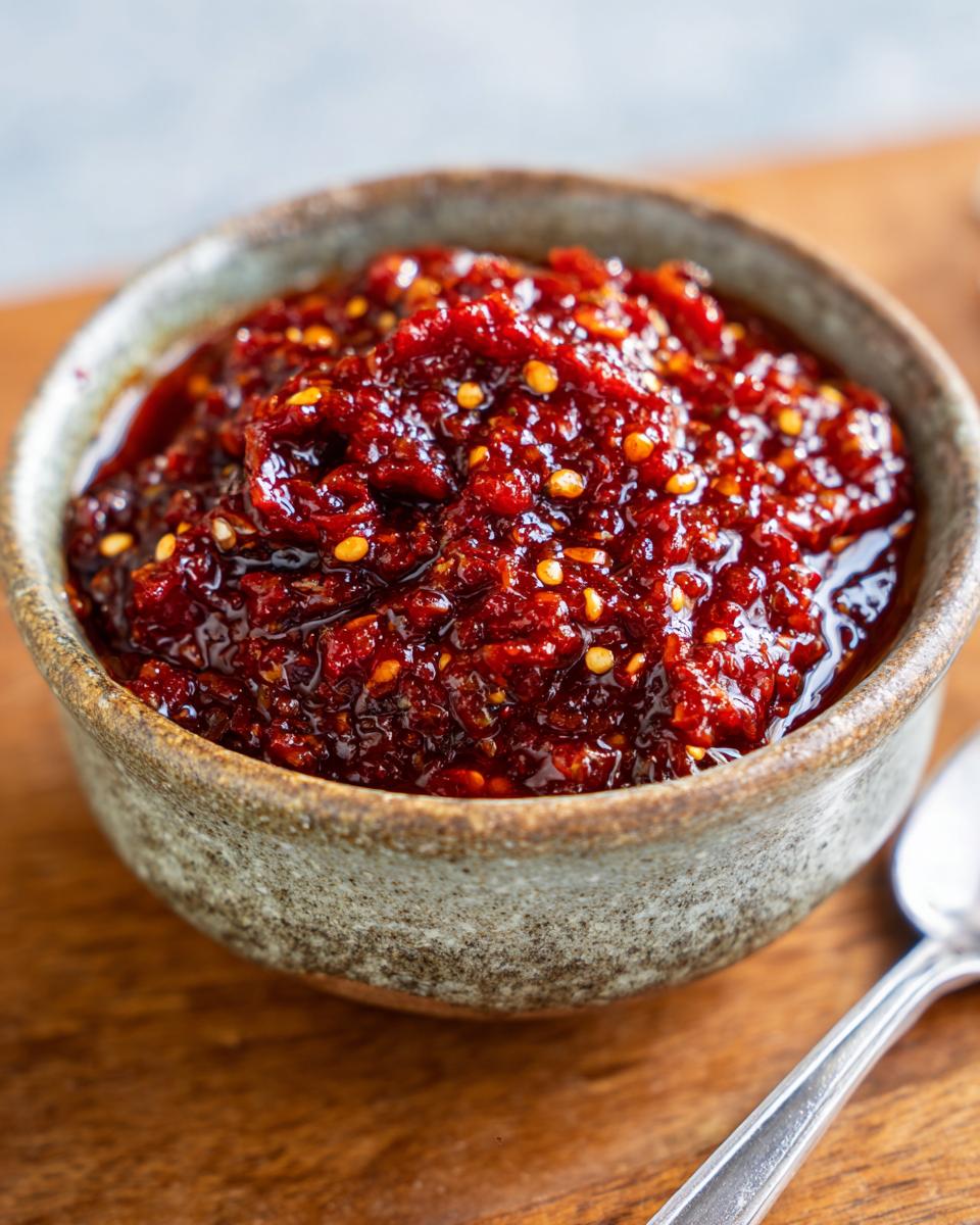 Recipiente con salsa roja mexicana espesa y picante con semillas de chile visibles