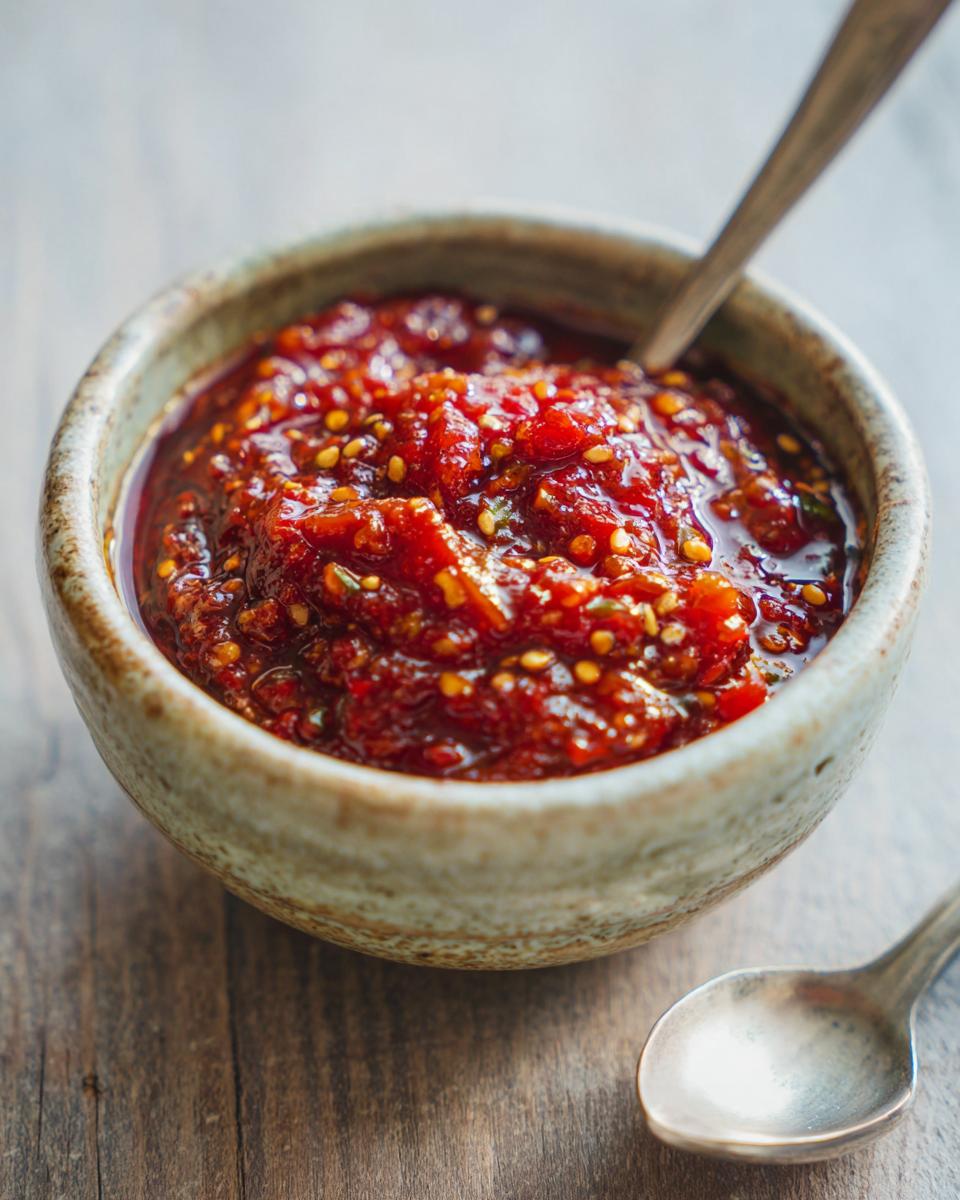 Tazón rústico con salsa roja mexicana picante y cucharas metálicas sobre mesa de madera.