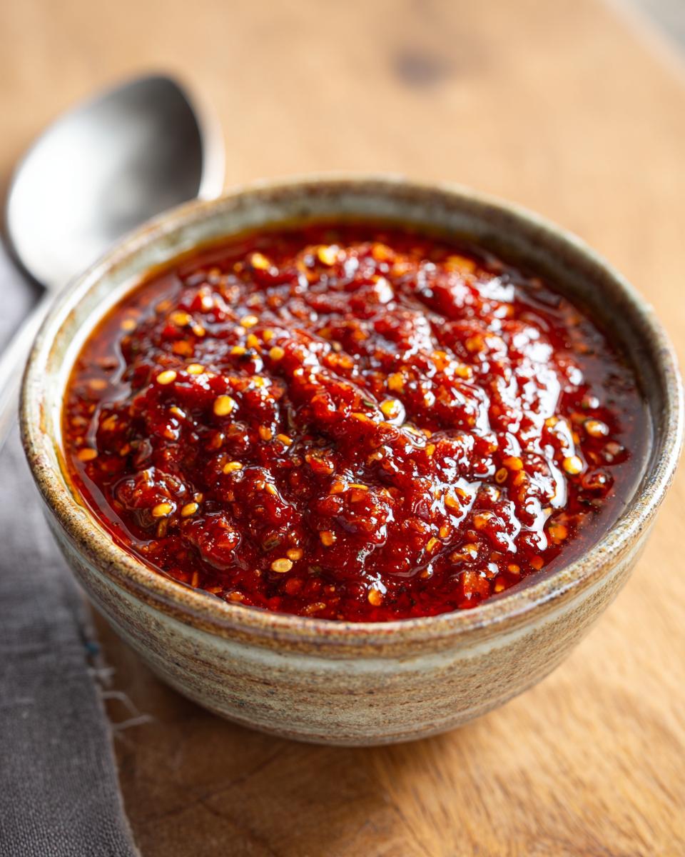 Tazón con salsa roja mexicana espesa y picante con semillas de chile visibles