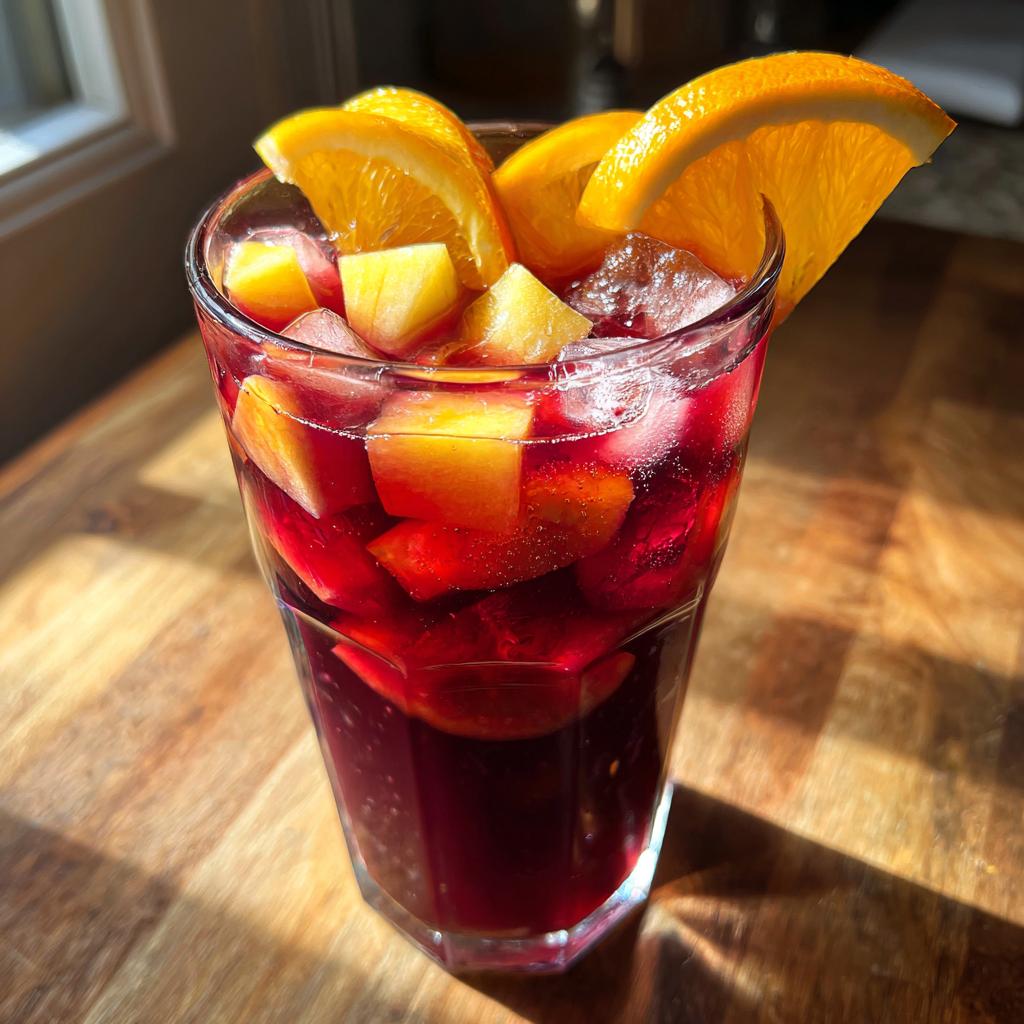 Vaso alto con sangría sin alcohol, cubos de fruta y rodajas de naranja como decoración.
