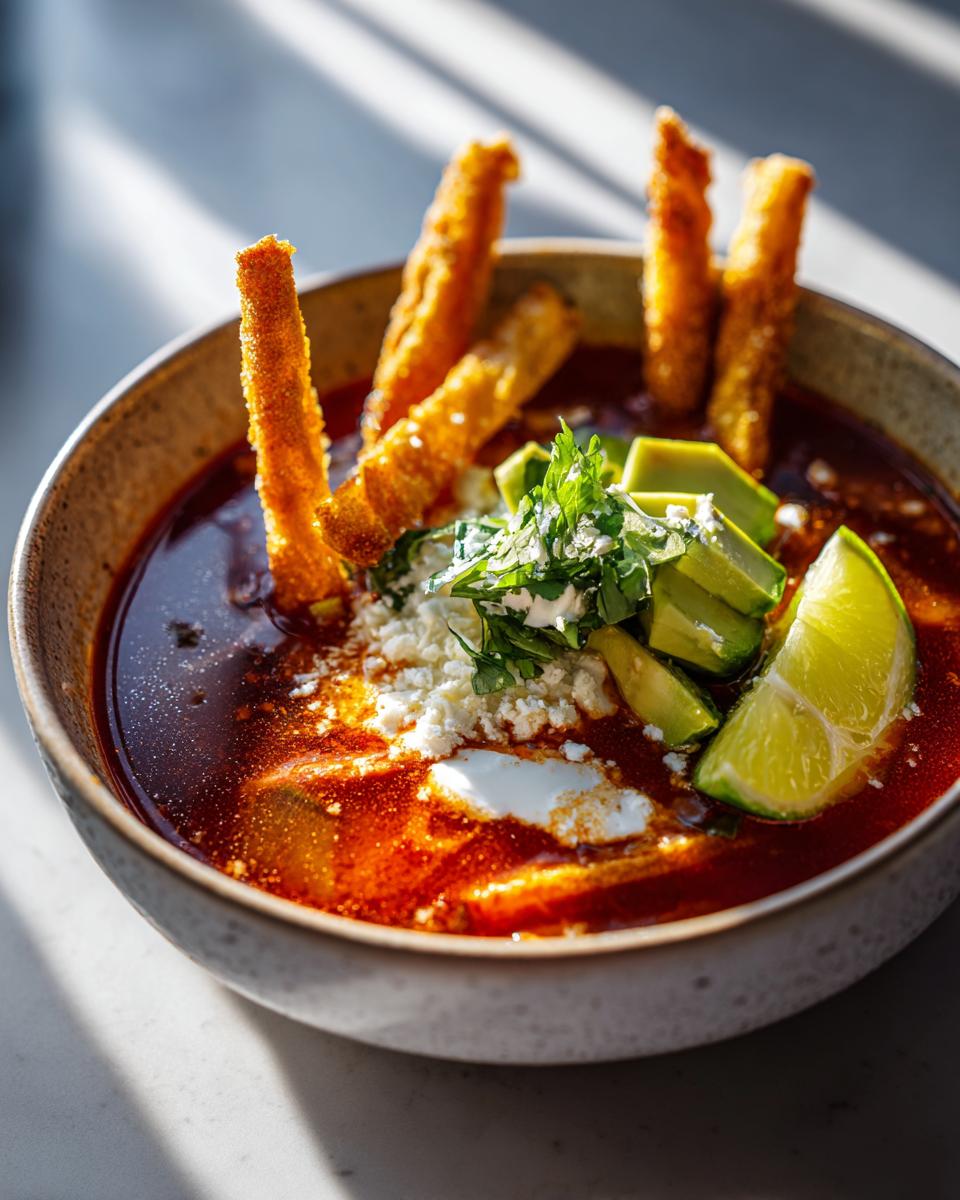 Tazón de sopa de tortilla con tiras crujientes, aguacate, queso, crema y rodajas de limón