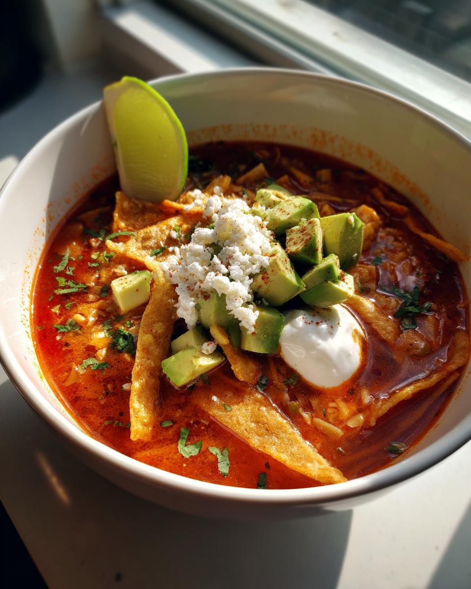 Tazón de sopa de tortilla con tiras de tortilla, aguacate, queso fresco y crema