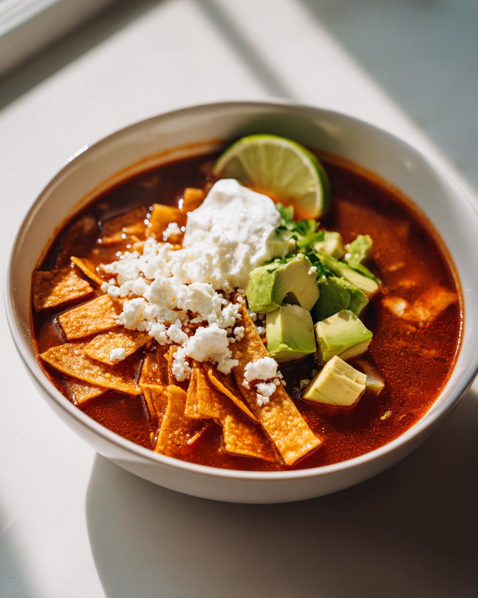 Sopa de tortilla con tiras de tortilla frita, aguacate, queso fresco y crema en un tazón blanco