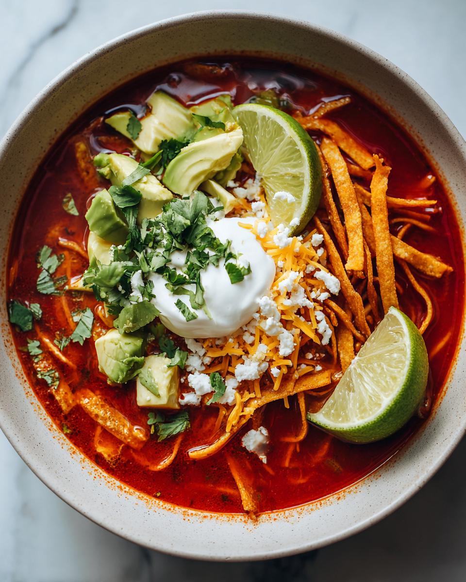 Tazón de sopa de tortilla con tiras crujientes, aguacate, queso, crema y rodajas de lima