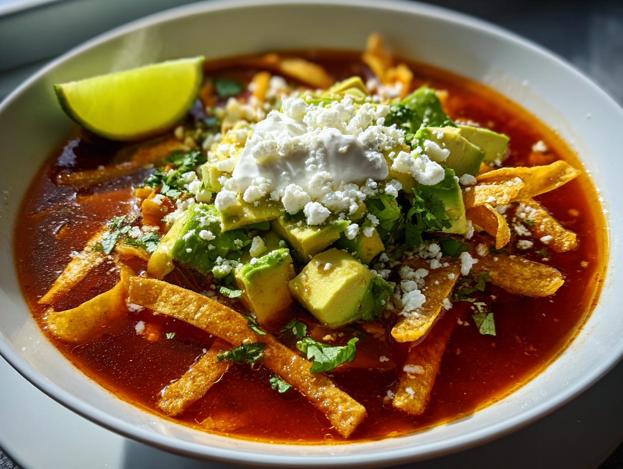 Tazón de sopa de tortilla con tiras crujientes, aguacate, queso fresco y limón.