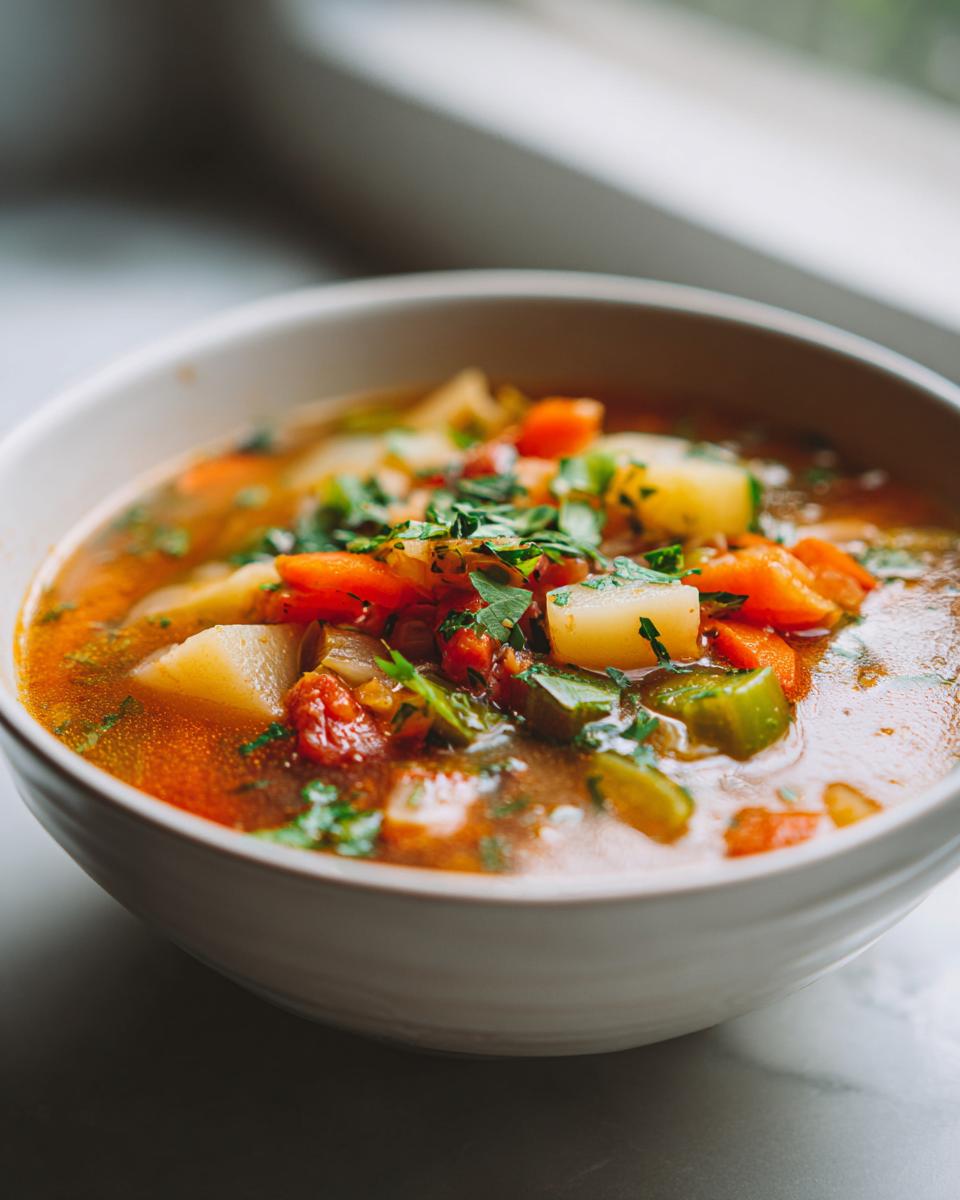 Tazón blanco con sopa de verduras con zanahorias, papas, apio y perejil fresco