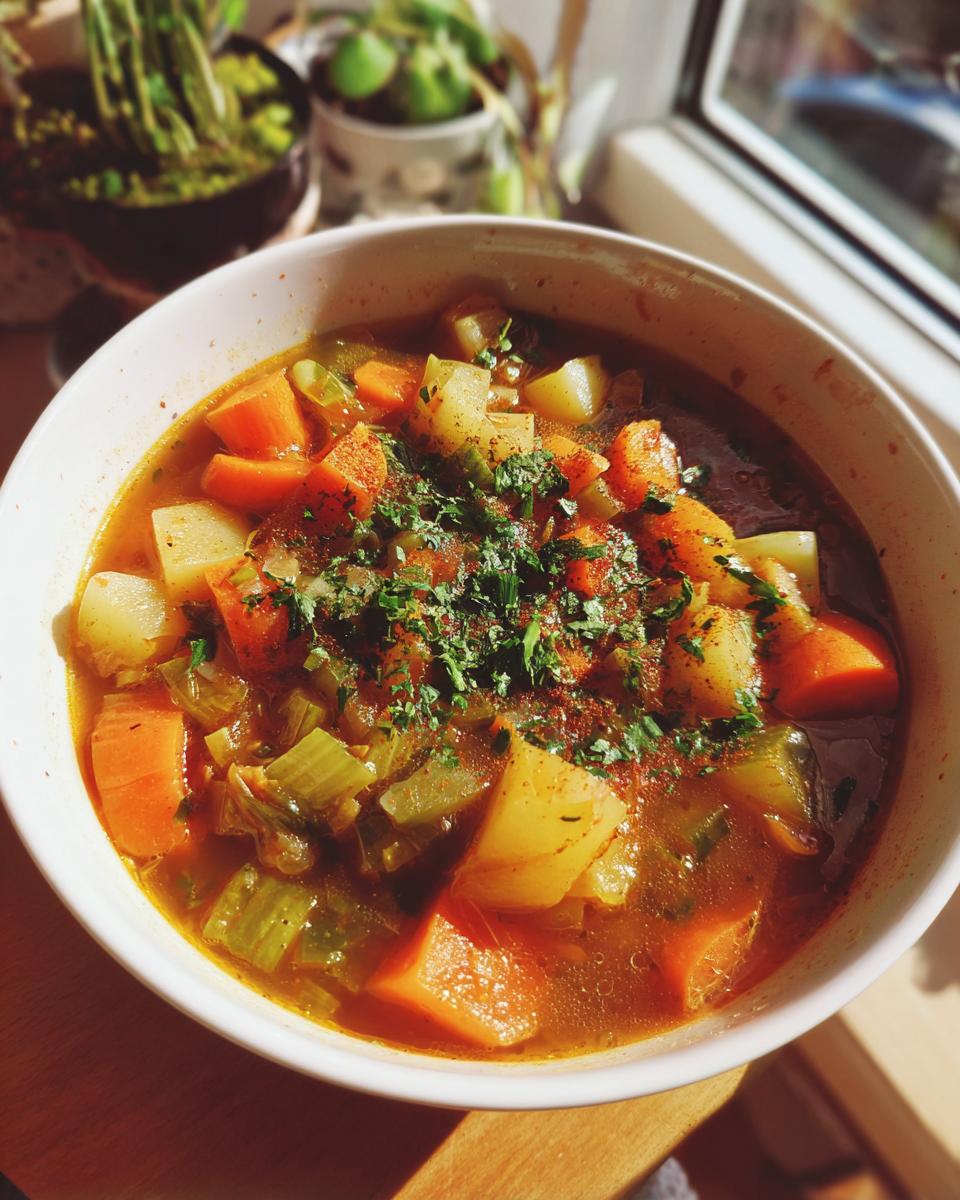 Tazón blanco con sopa de verduras colorida y especias frescas encima en luz natural.