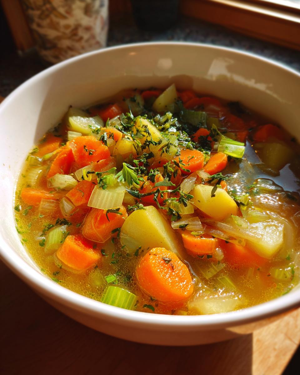 Tazón blanco con sopa de verduras con zanahorias, apio, papas y hierbas frescas