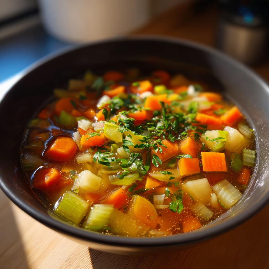 Tazón negro con sopa de verduras fresca con zanahorias, apio y hierbas.