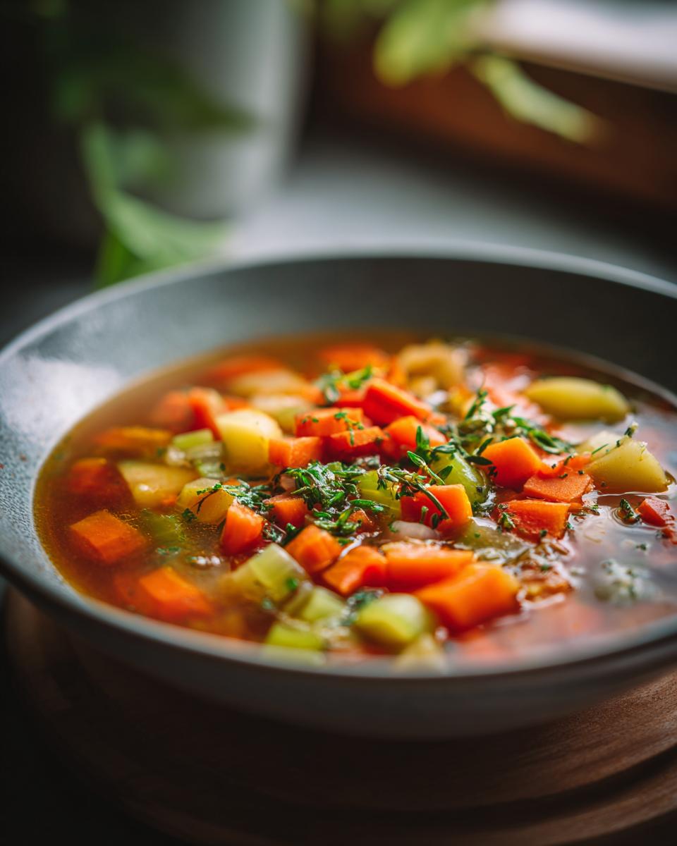 Tazón de sopa de verduras con zanahorias, apio y hierbas frescas en caldo claro.