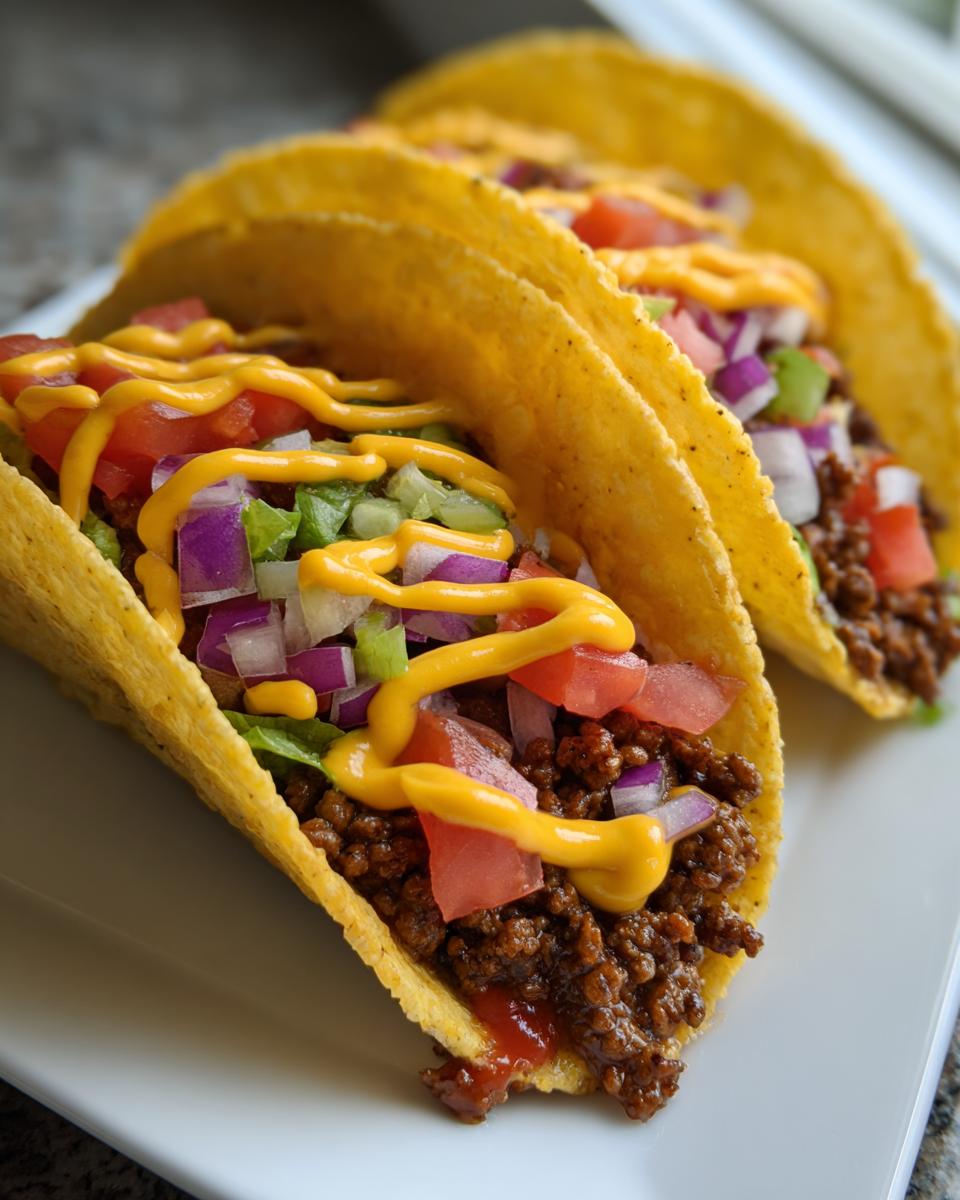Tres tacos de cheeseburger fusión con carne molida, tomate, cebolla y salsa de queso