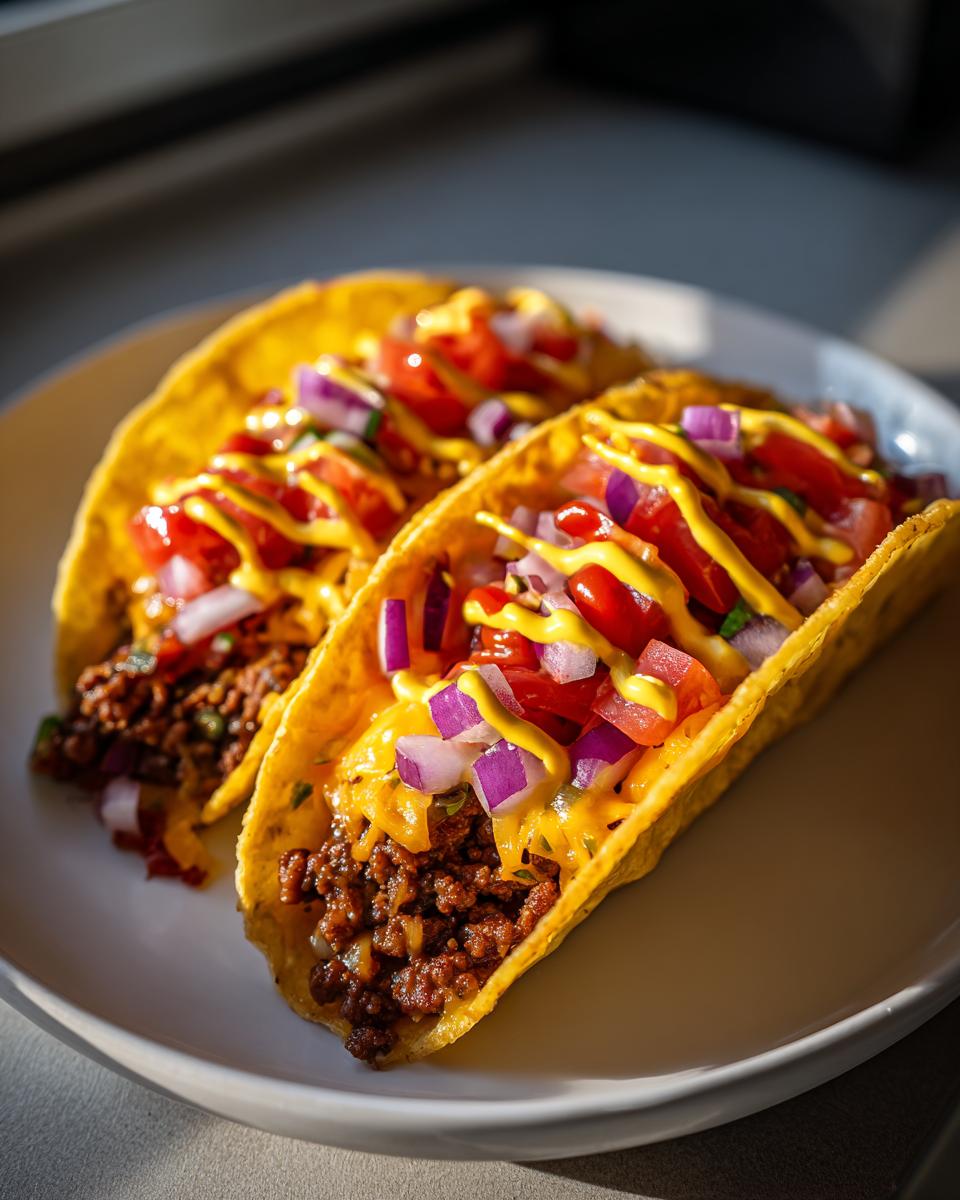 Dos tacos de cheeseburger fusión con carne molida, queso, tomate, cebolla y mostaza en plato blanco.