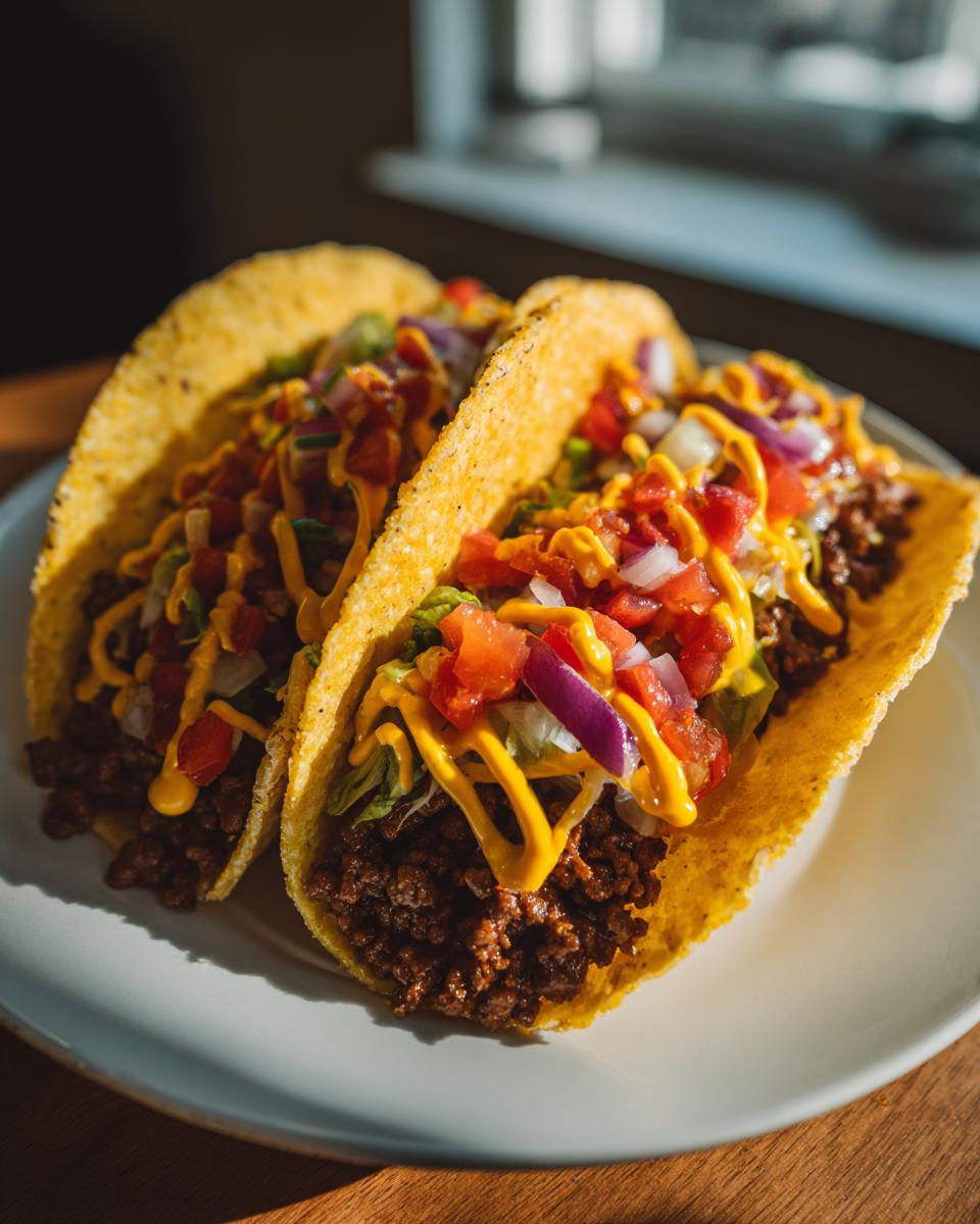 Dos tacos de cheeseburger fusión con carne, tomate, cebolla y salsa amarilla en plato blanco
