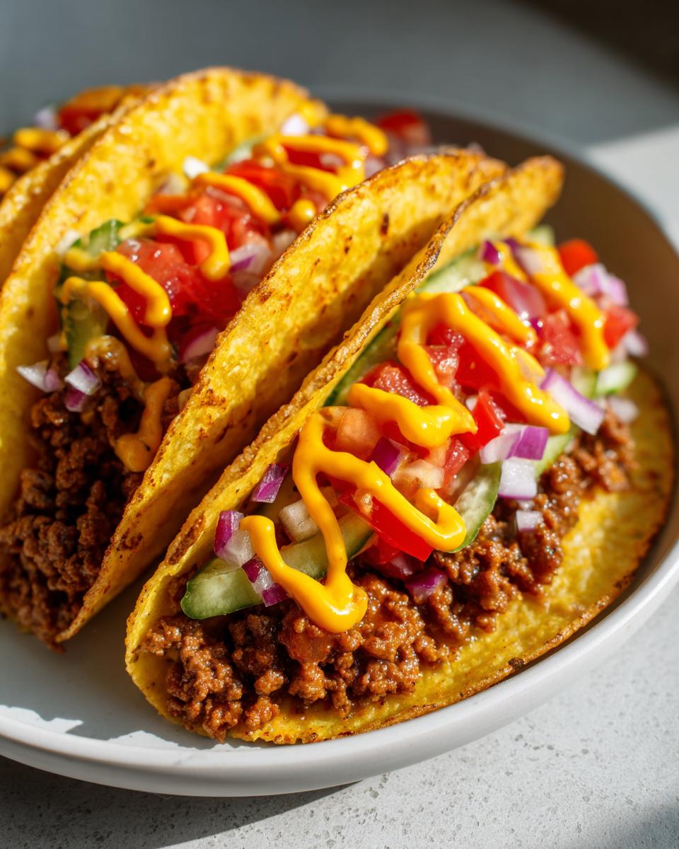Tacos de cheeseburger fusión con carne molida, tomate, cebolla y salsa amarilla en tortillas doradas