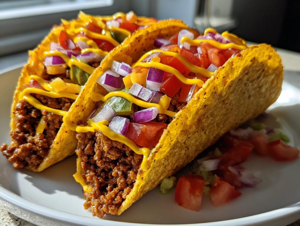 Dos tacos de cheeseburger fusión con carne molida, cebolla, tomate y queso amarillo en plato blanco