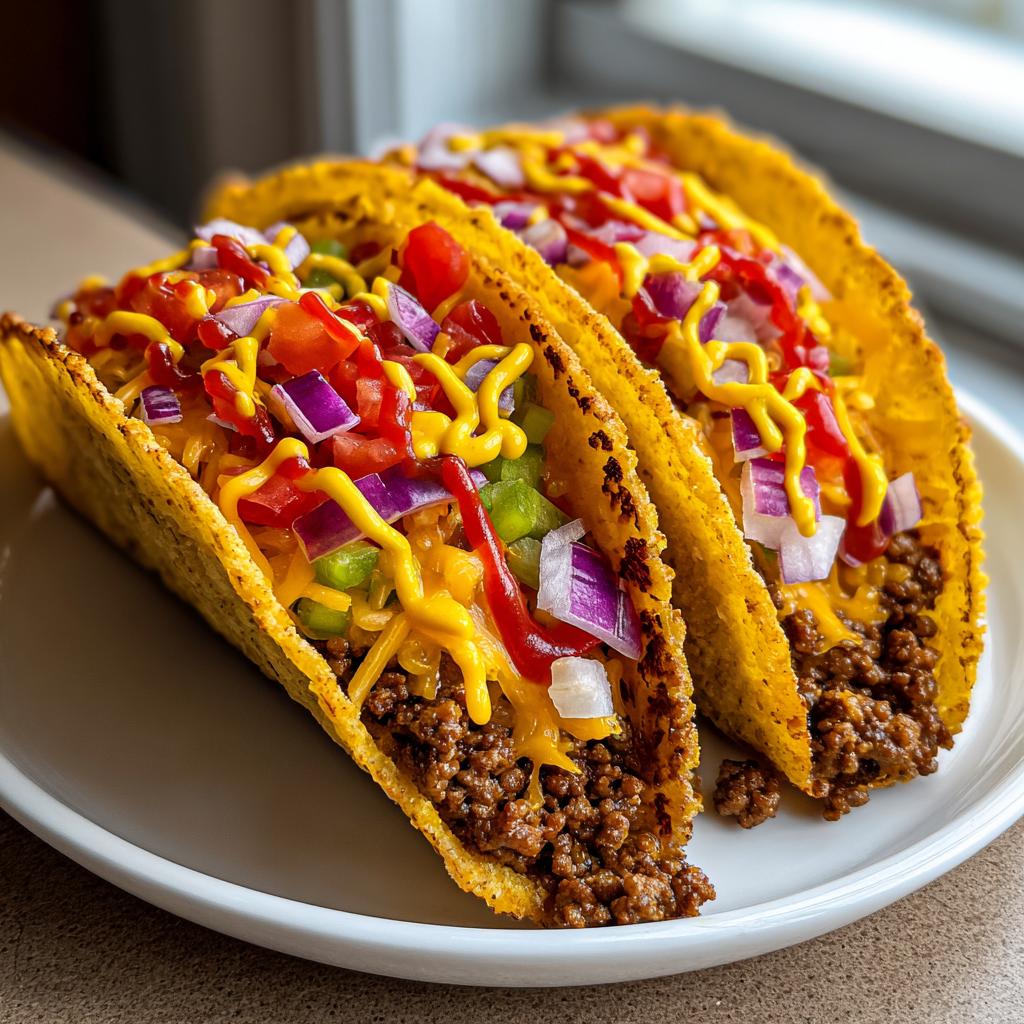 Dos tacos de cheeseburger fusión con carne molida, queso, cebolla, tomate y mostaza