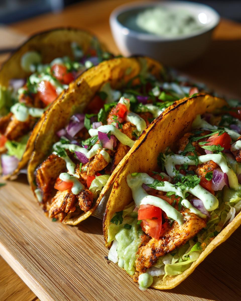 Tacos de pollo con pollo sazonado, tomate, cebolla, lechuga y salsa cremosa en tortillas doradas