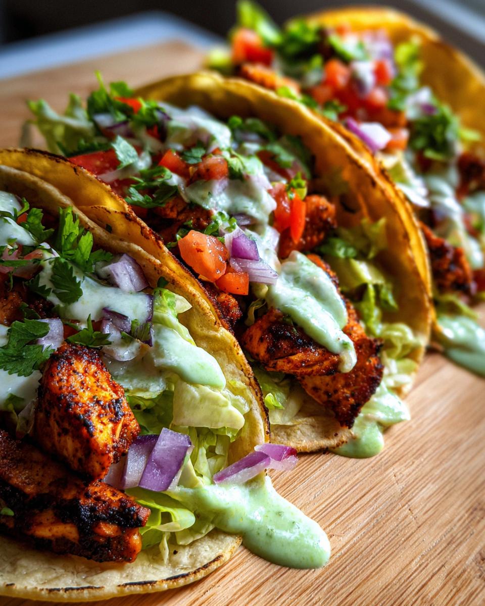 Tacos de pollo con pollo sazonado, lechuga, cebolla, tomate y salsa verde cremosa en tortillas de maíz.