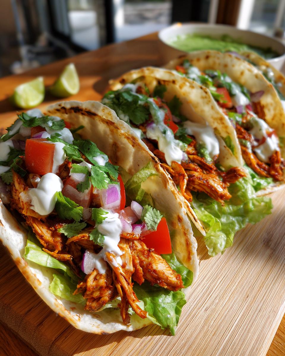 Tacos de pollo con lechuga, tomate, cebolla, cilantro y salsa blanca en tortillas calientes