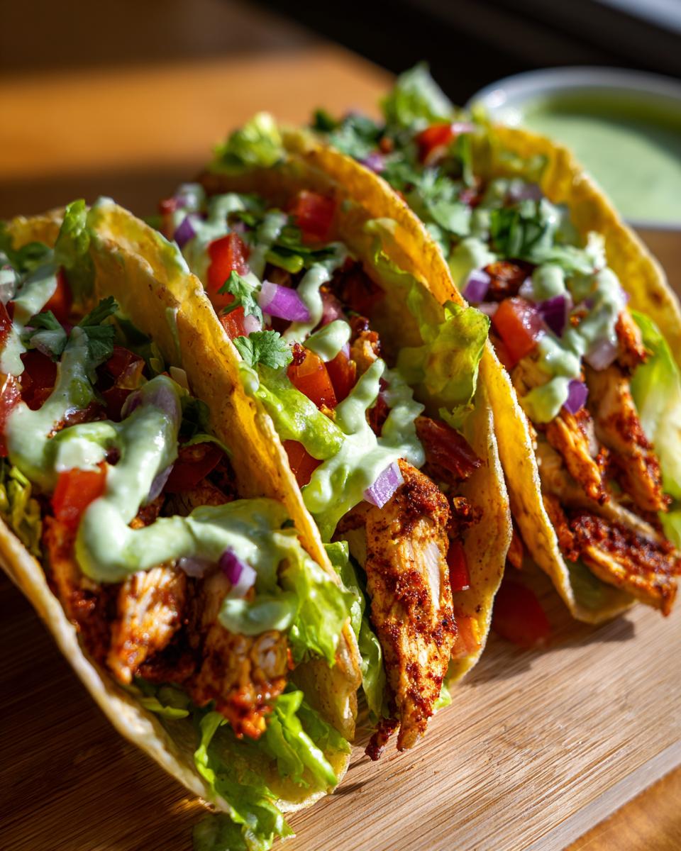 Tres tacos de pollo con lechuga, tomate, cebolla y salsa verde sobre tabla de madera