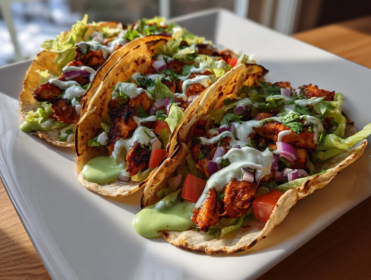 Tres tacos de pollo con lechuga, tomate, cebolla y salsa sobre tortillas de maíz tostadas.