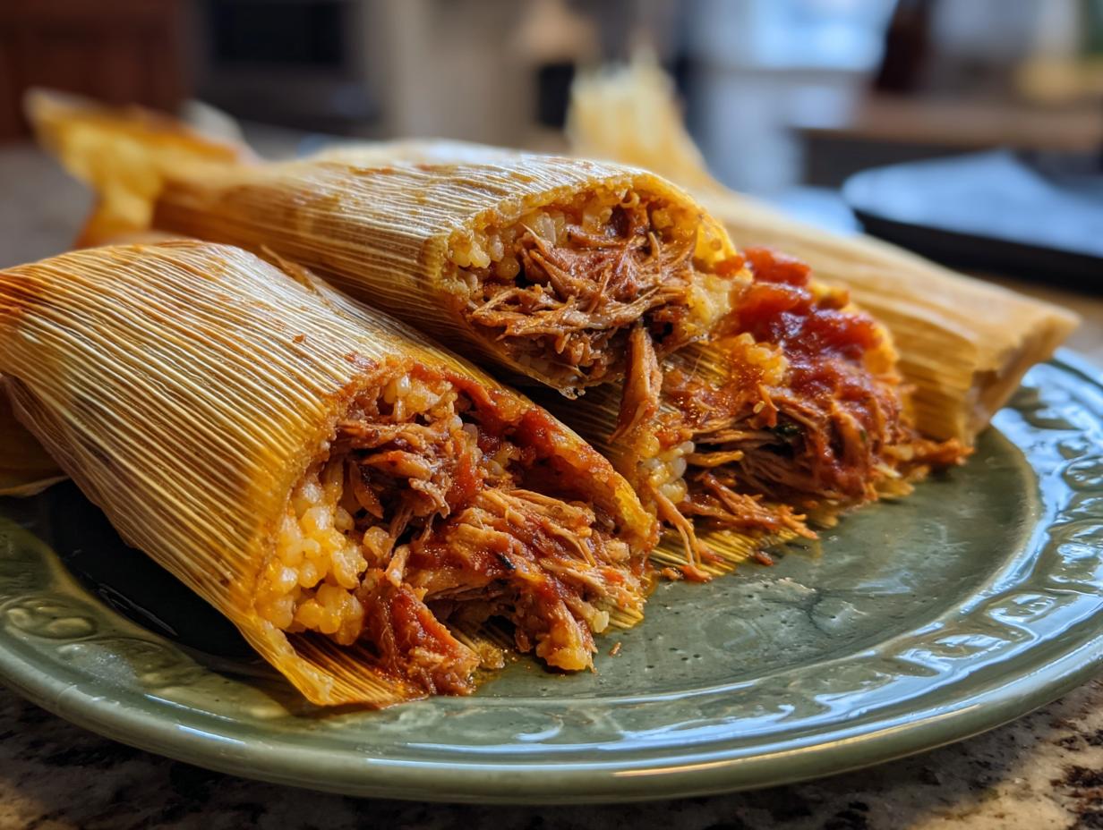 Tamales caseros abiertos mostrando carne deshebrada y masa en hoja de maíz sobre plato verde