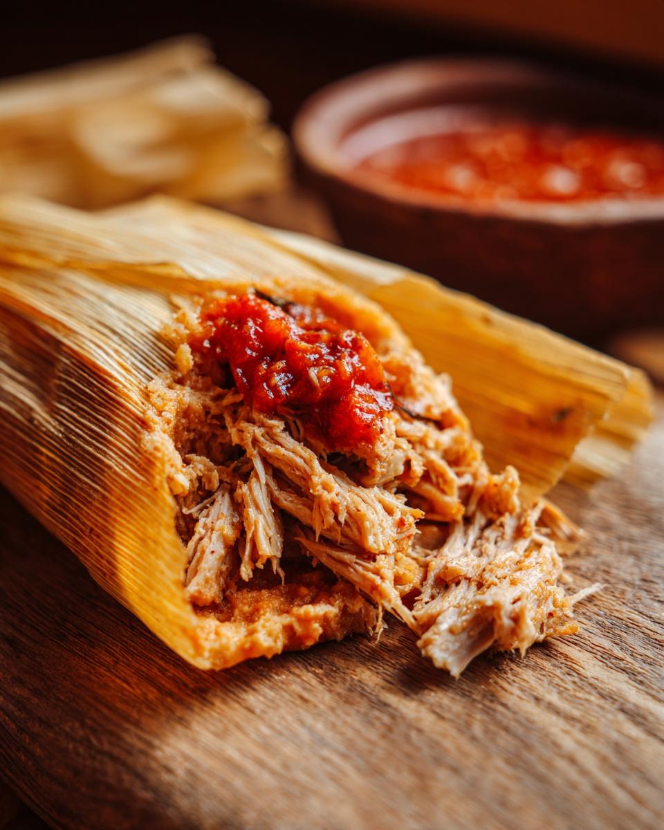 Tamales caseros abiertos mostrando carne de pollo deshebrada con salsa roja encima