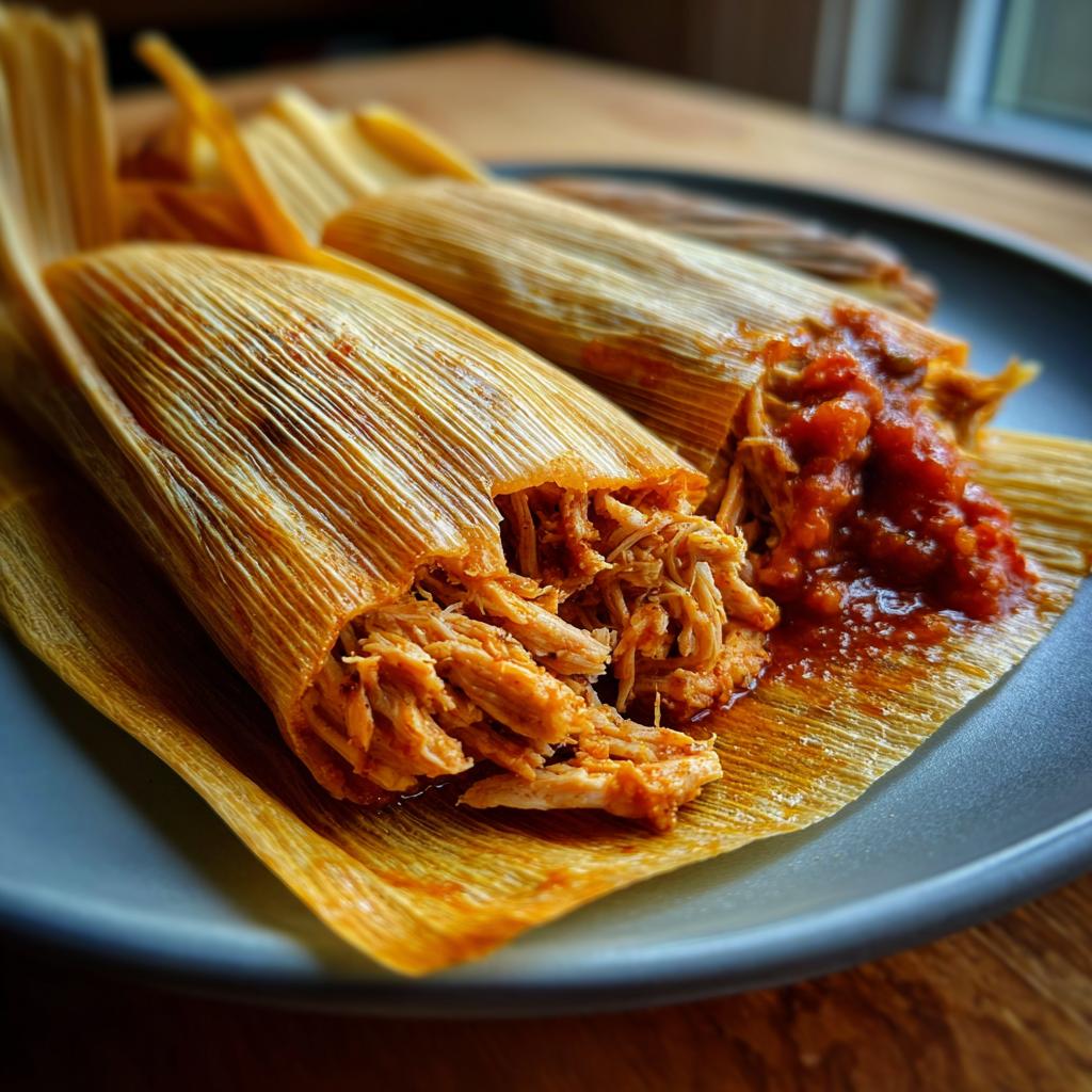 Tamales caseros rellenos de pollo deshebrado con salsa roja en hoja de maíz sobre plato gris