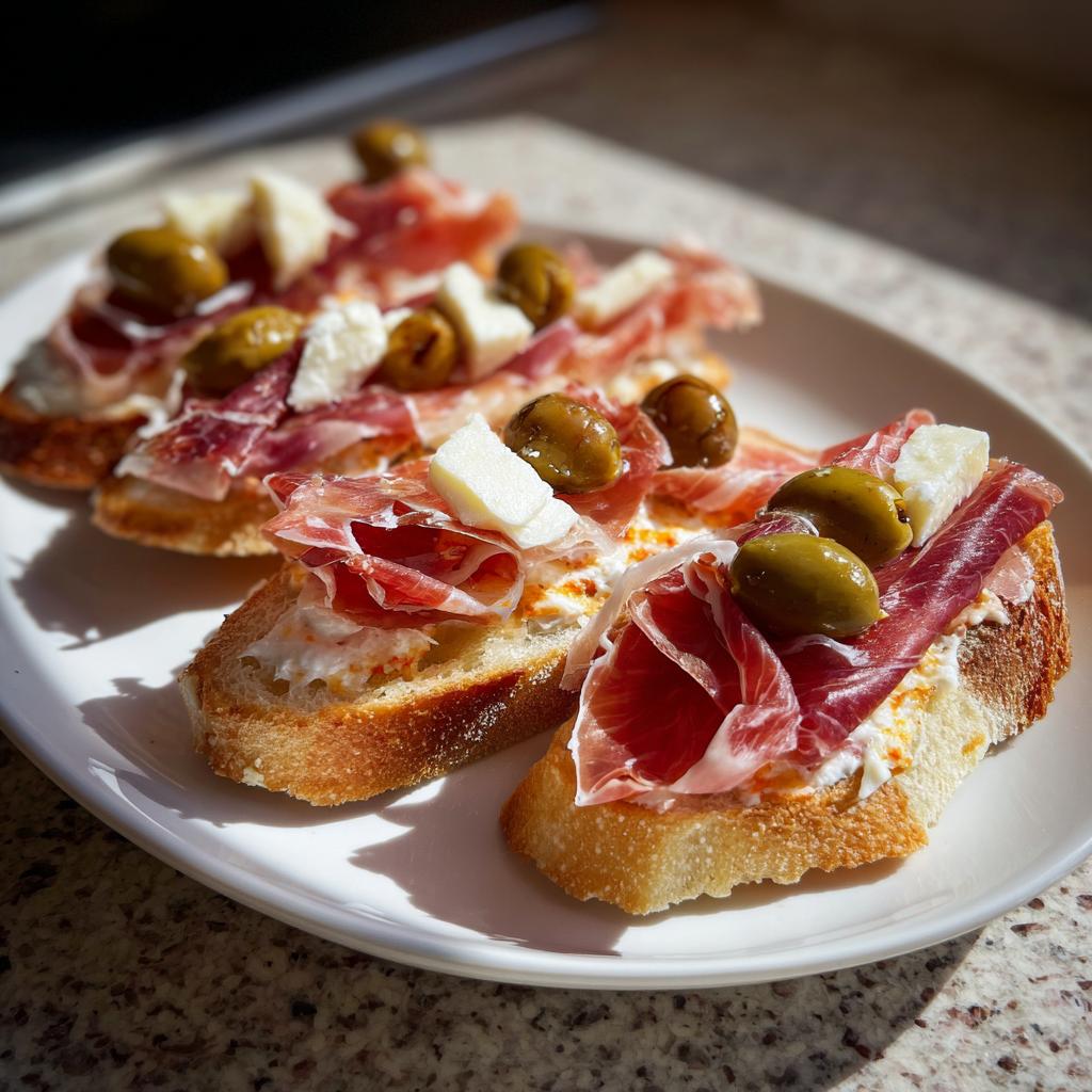 Tostas con jamón, aceitunas verdes y queso, tapas para feria de abril en plato blanco