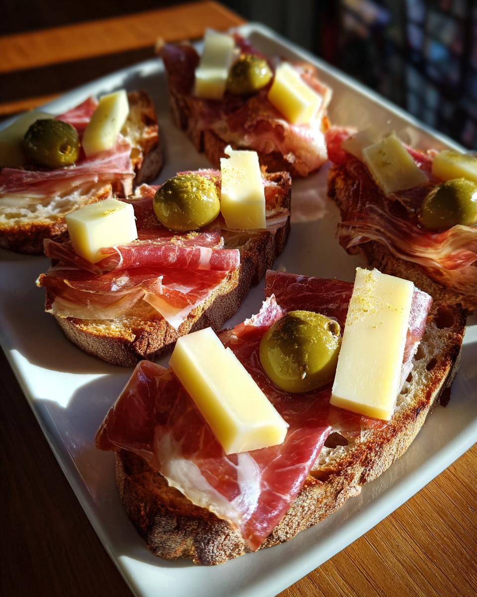 Tapas para Feria de Abril con rebanadas de pan, jamón, queso y aceitunas verdes en plato blanco