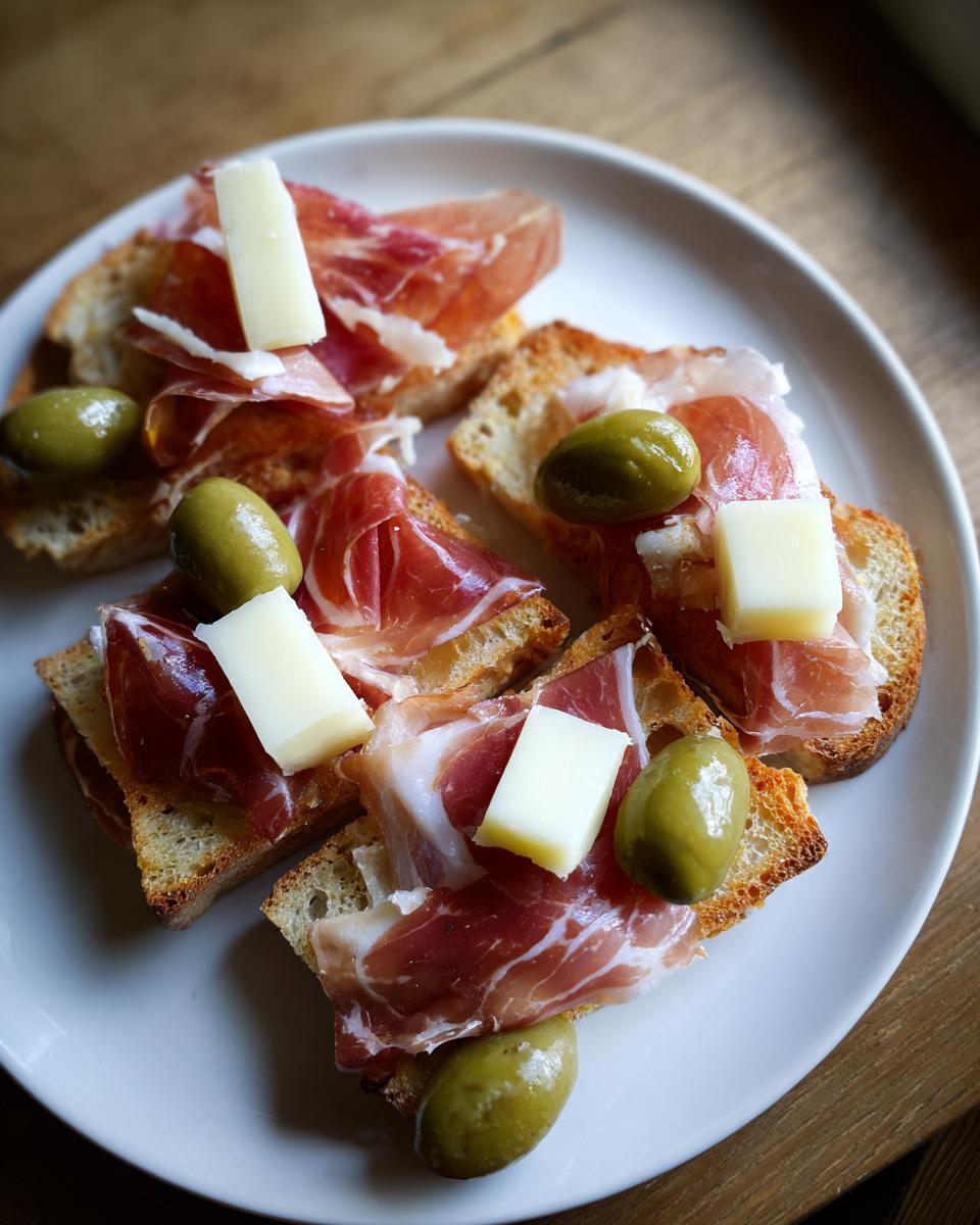 Tostas con jamón, queso en cubos y aceitunas verdes en un plato blanco, tapas para Feria de Abril