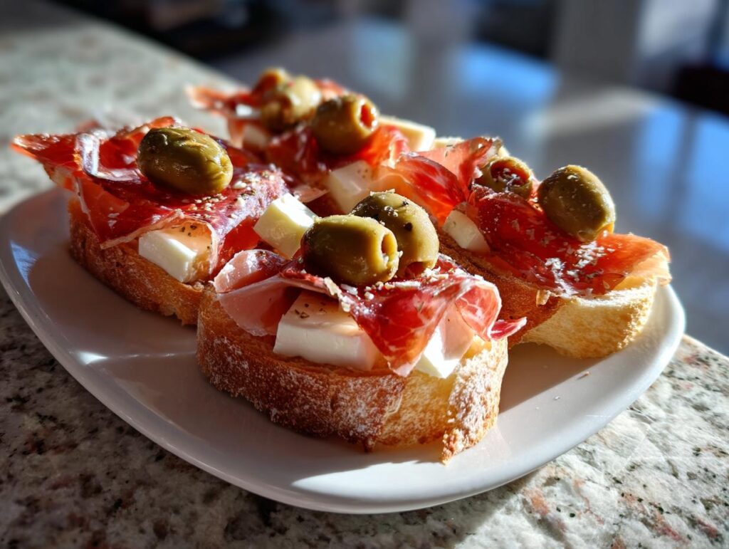 Tapas para feria de abril con jamón, queso y aceitunas sobre pan tostado en plato blanco