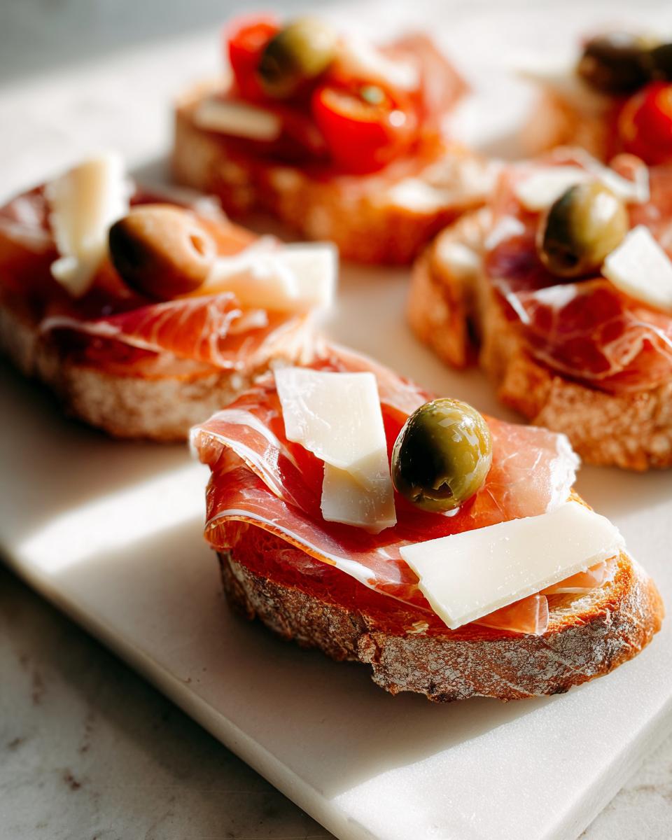 Rebanadas de pan con jamón, queso y aceitunas verdes, tapas para feria de abril