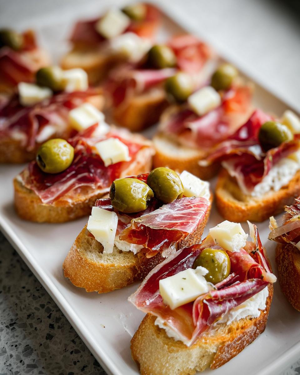 Tapas para feria de abril con jamón, queso y aceitunas sobre pan tostado en plato blanco