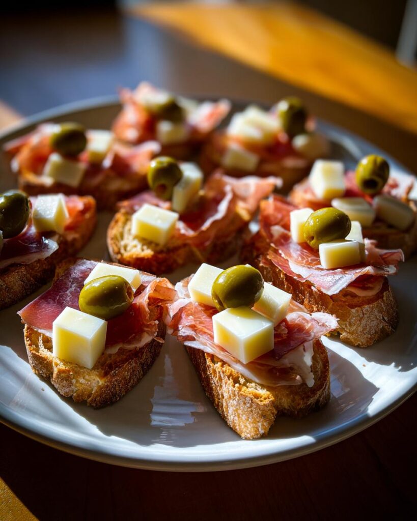 Plato con tapas para Feria de Abril de pan con jamón, cubos de queso y aceitunas verdes